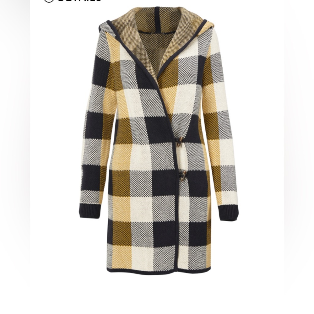 NWOT Cabi Hooded Sweater Coat Style 4229 Yellow Navy White Plaid